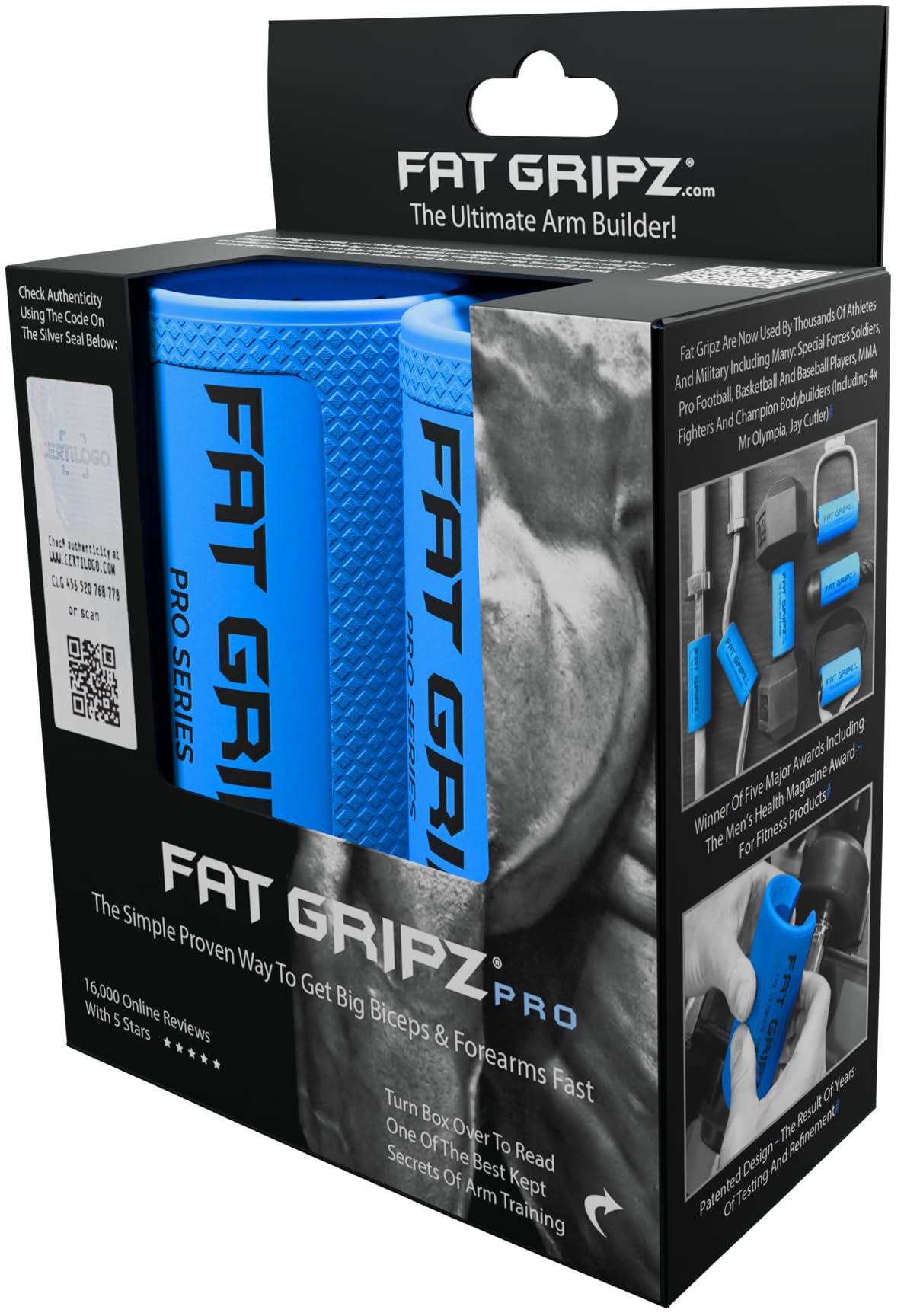 Fat Gripz frente del paquete mostrando producto y marca, mejora del agarre