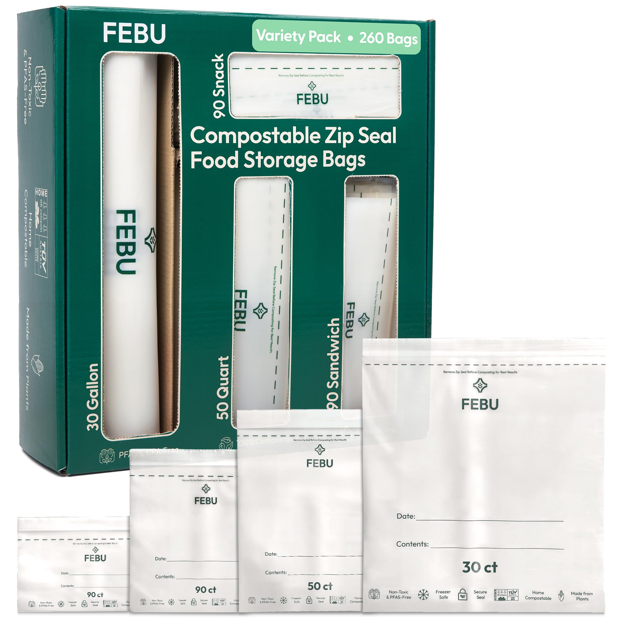 FEBU empaque frontal que muestra el pack de 260 unidades y sus beneficios ecológicos