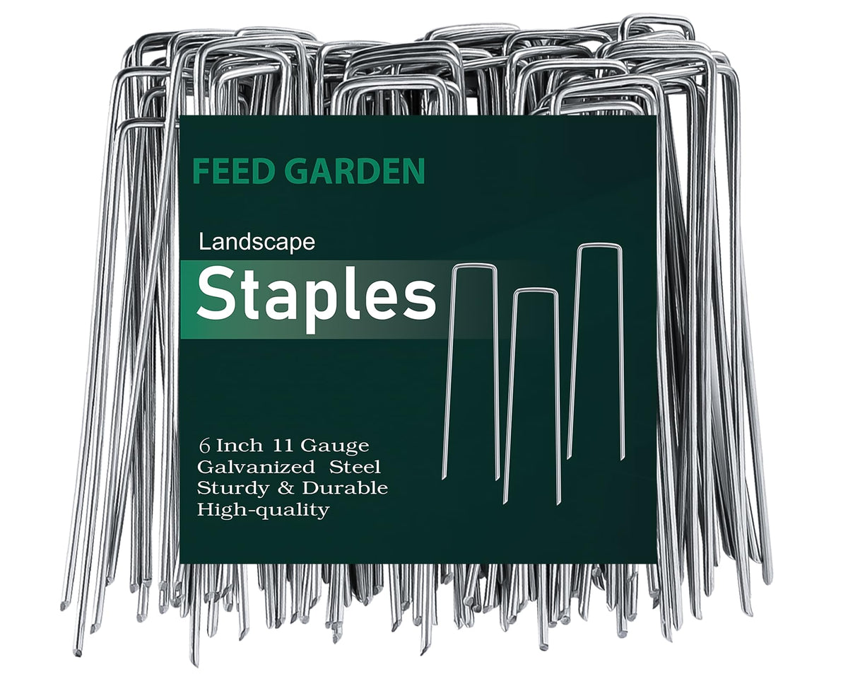 FEED GARDEN paquete frontal mostrando 100 grapas para jardín y su beneficio de cobertura