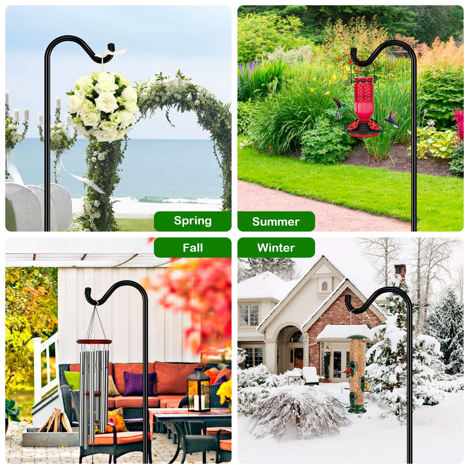 FEED GARDEN shepherds hook with lanterns at an outdoor wedding demonstrating decorative use