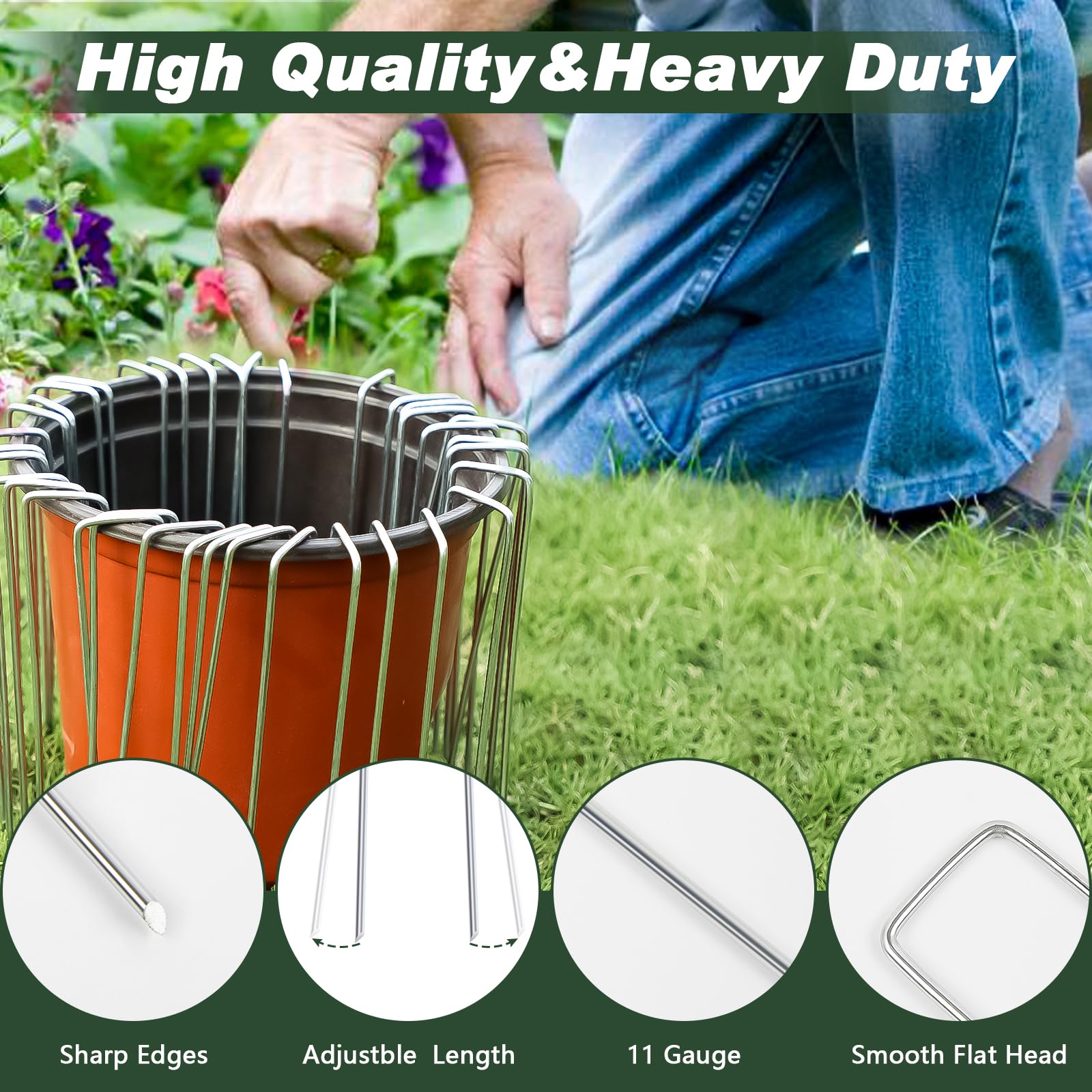 FEED GARDEN pins anchoring irrigation tubing to prevent line movement