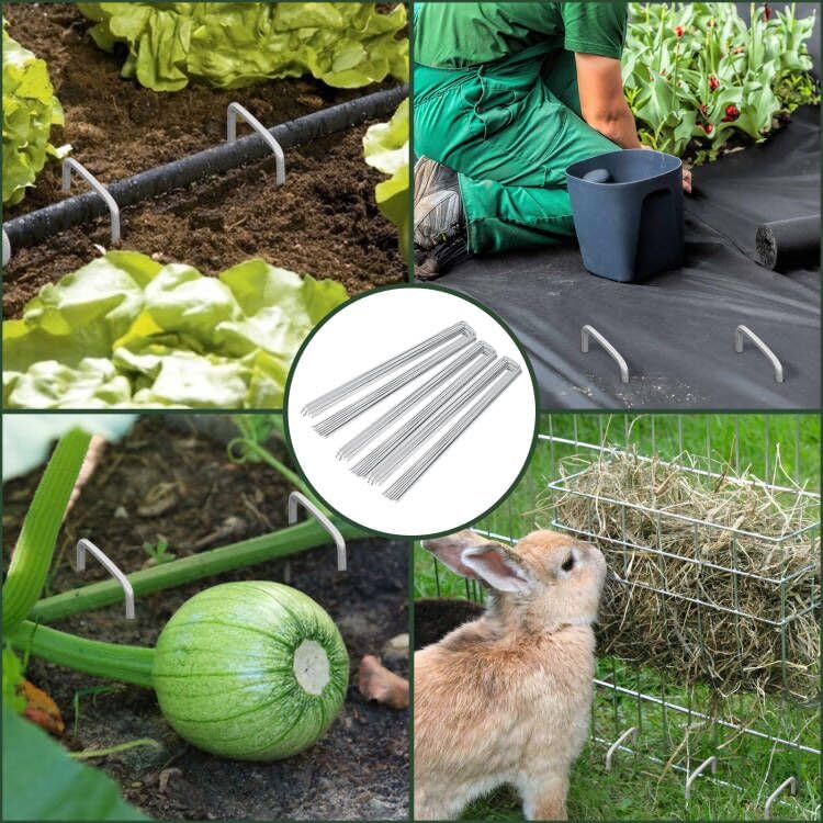 FEED GARDEN 6-inch staples next to hand showing scale and length