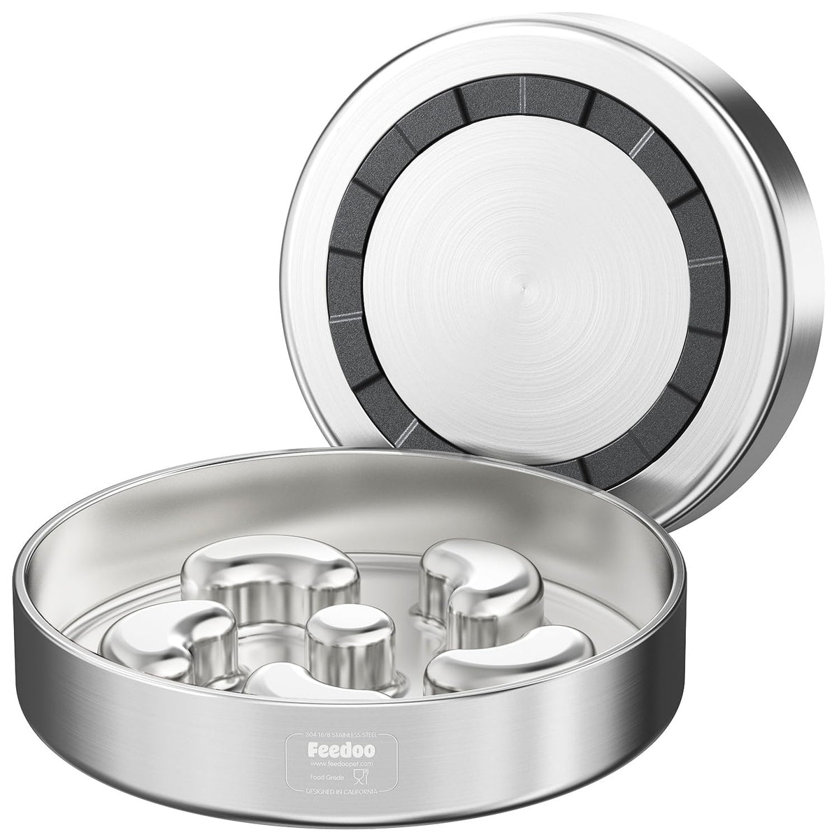 Feedoo front view showing bowl shape and durable stainless finish for reliable feeding