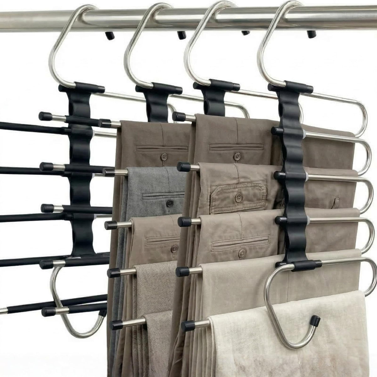 FeeraHozer vista frontal del perchero mostrando 5 niveles y capacidad para pantalones