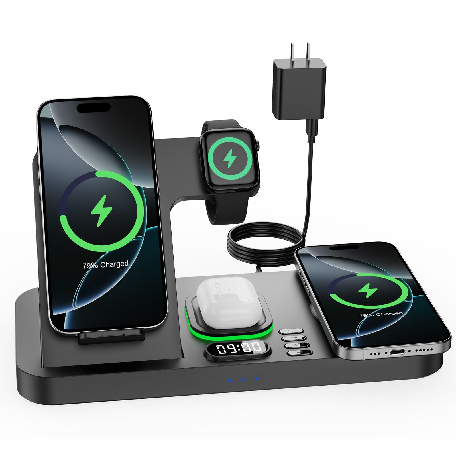 Feiltik estación frontal mostrando dos iPhone cargando y Apple Watch organizada