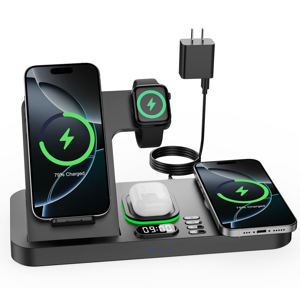Feiltik estación frontal mostrando dos iPhone cargando y Apple Watch organizada