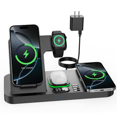 Feiltik estación frontal mostrando dos iPhone cargando y Apple Watch organizada