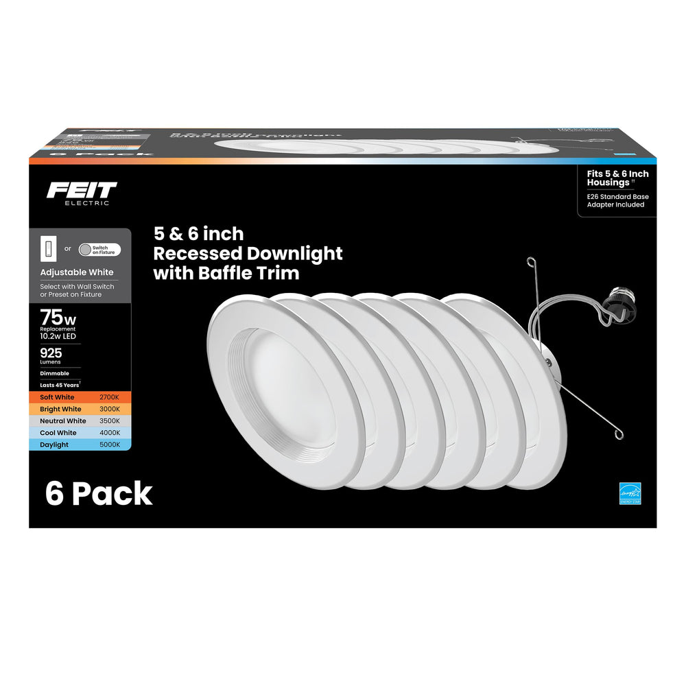 Feit Electric vista frontal del pack de seis downlights, ahorro energético visible