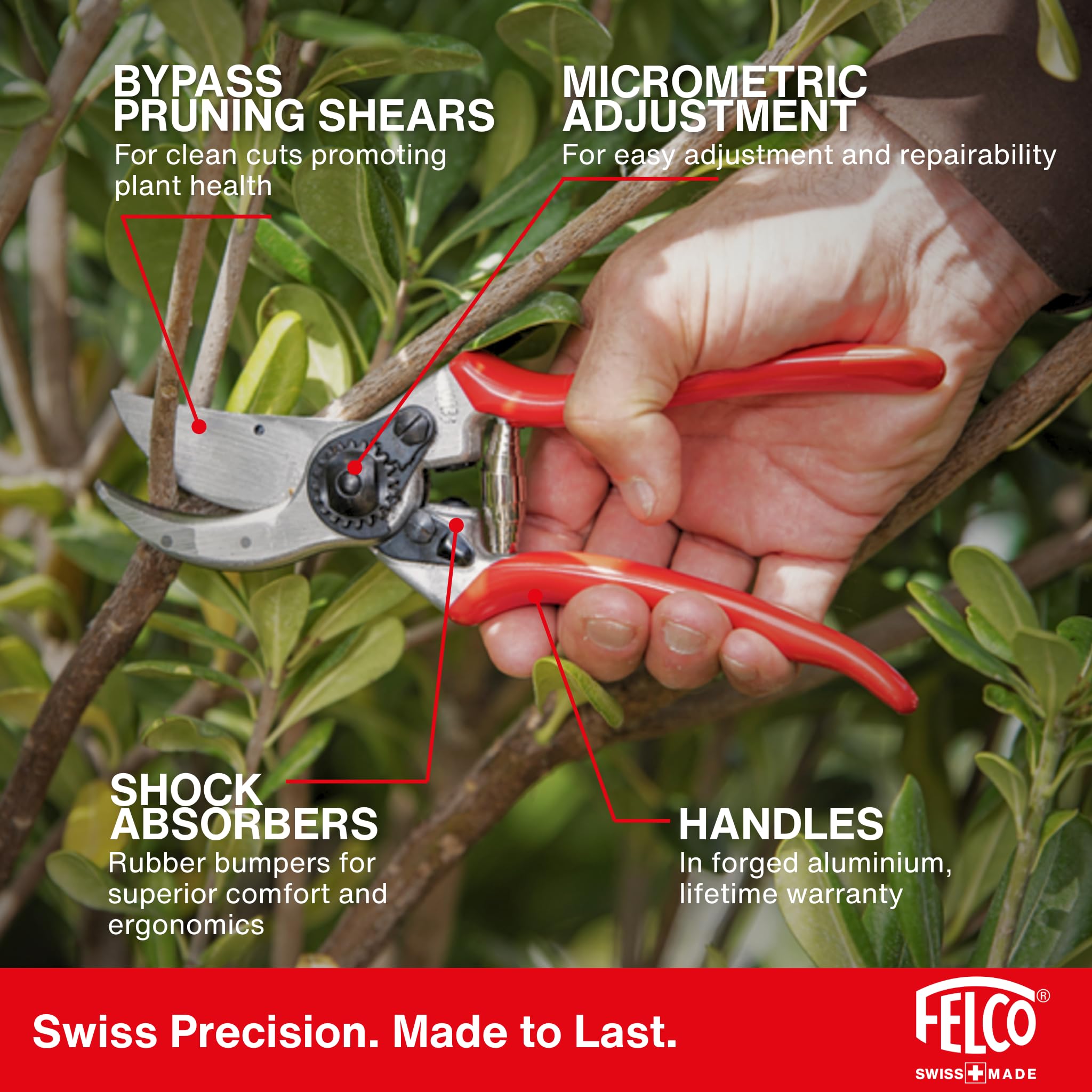 FELCO F2 junto a una mano para comparar tamaño y ergonomía cómoda