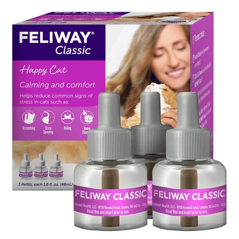FELIWAY recambio pack de 3 frontal mostrando frascos y beneficio de calma