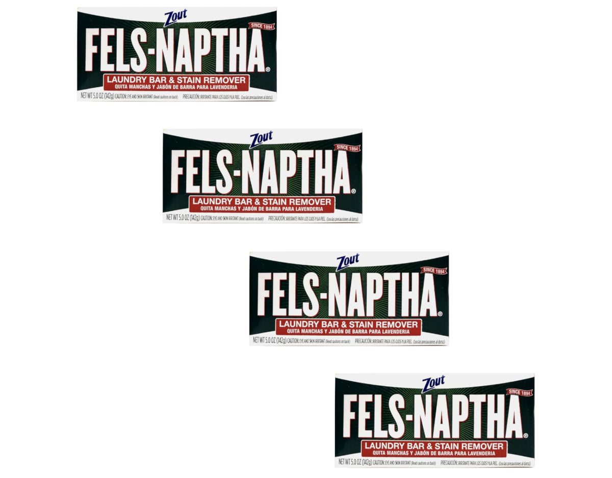 Fels Naptha barra frontal del empaque mostrando paquete de 4 barras útil para pretratamiento