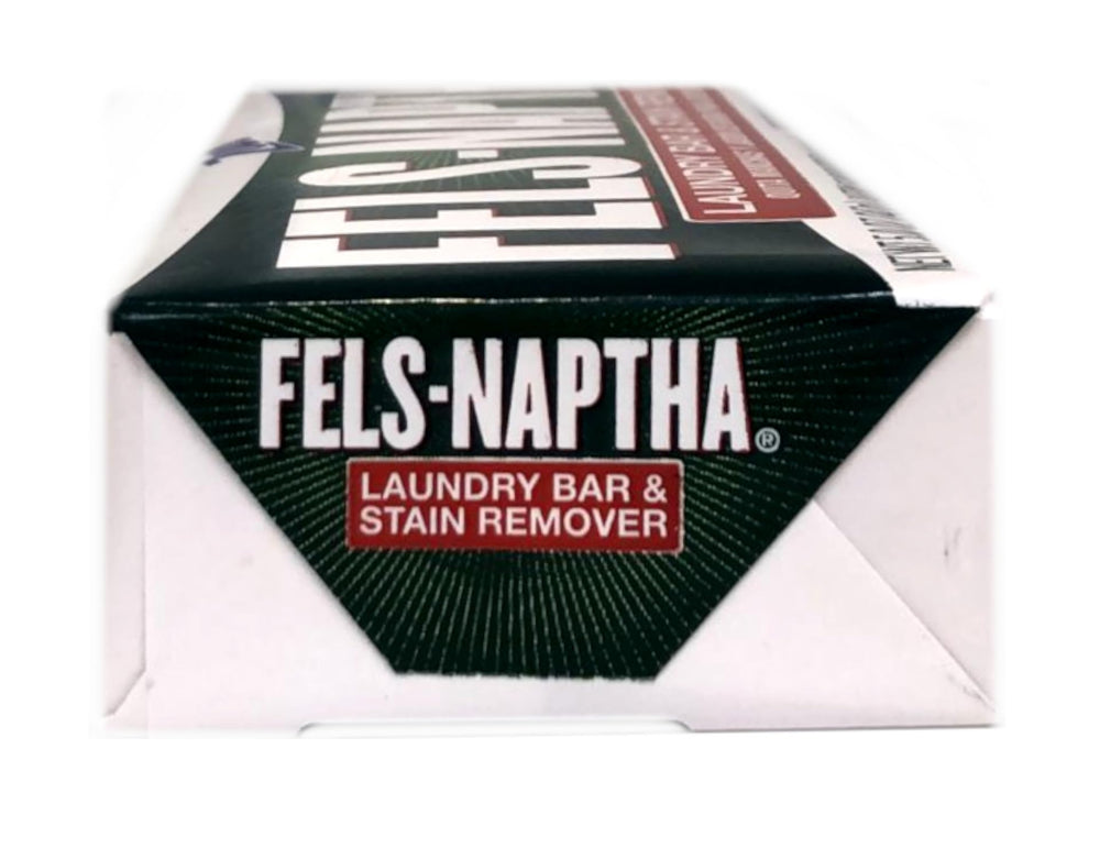 Ambiente de lavandería con Fels Naptha junto a detergente mostrando uso doméstico