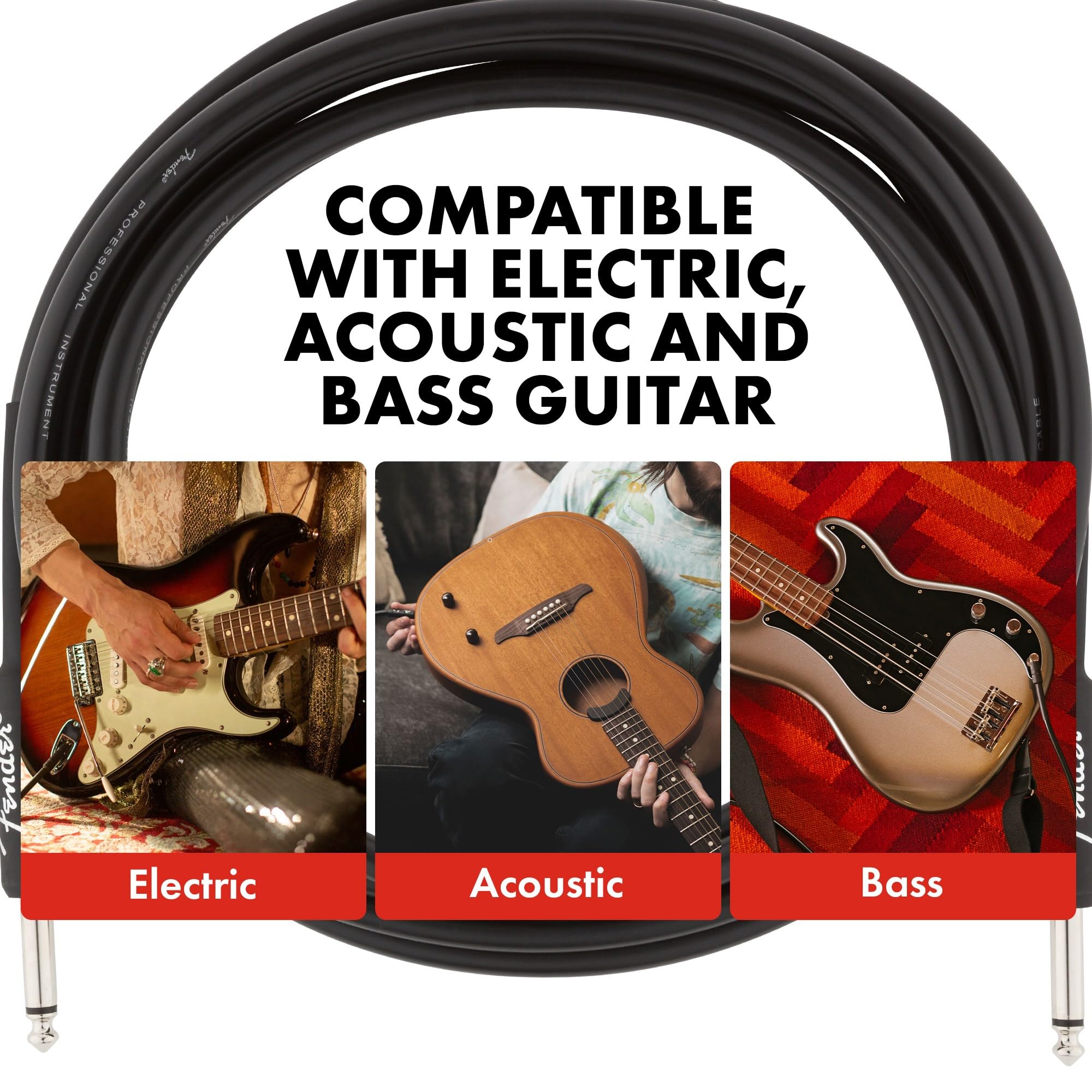 Fender cable en escenario conectado a guitarra mostrando manejo sin enredos