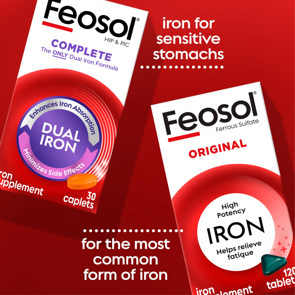 Feosol Complete etiqueta con información nutricional y contenido de hierro
