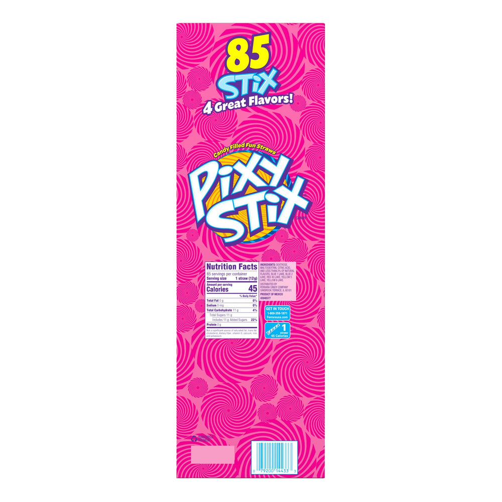 Ferrara Wonka Pixy Stix comparación de tamaño en mano mostrando porción individual
