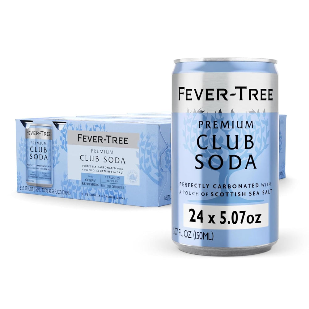 Fever-Tree frente del envase mostrando diseño y paquete de 24 latas, ideal para eventos