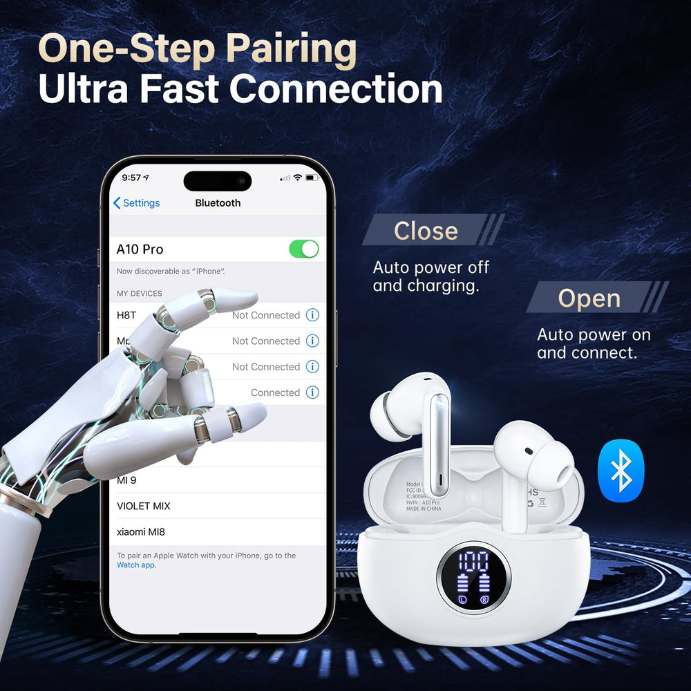 Fhumsh A10 etiqueta IPX7 y símbolo Bluetooth ilustrando resistencia y conectividad