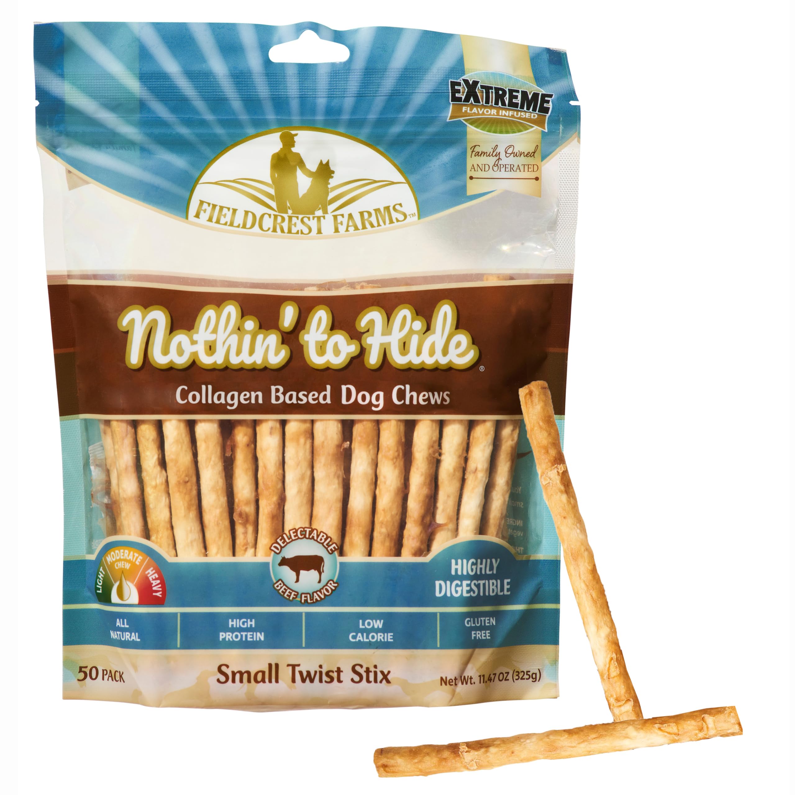 Fieldcrest Farms paquete frontal que muestra 50 Twist Stix y beneficios digestivos