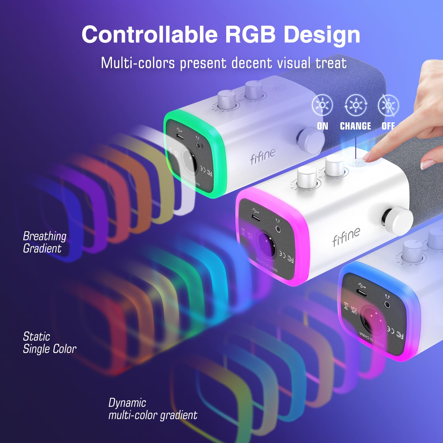 FIFINE AmpliGame AM8W mostrando puertos USB y XLR, facilita conexión versátil