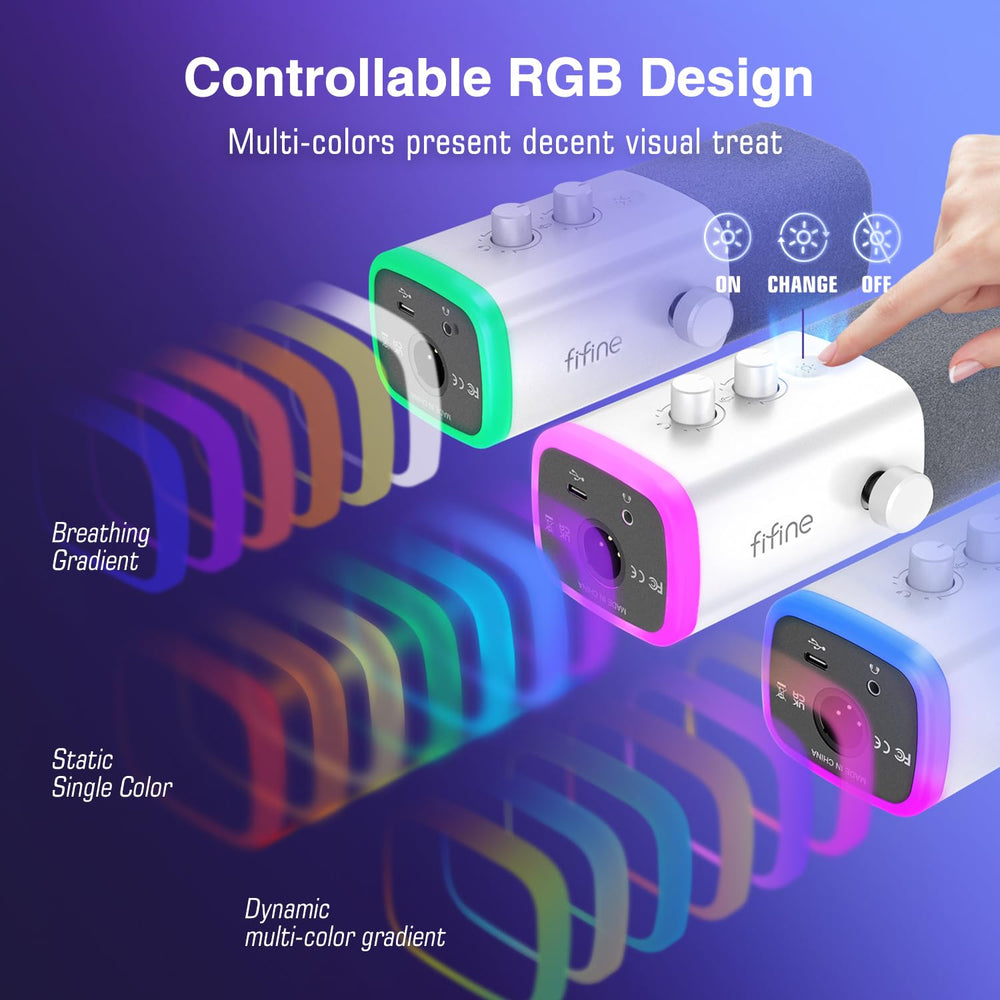 FIFINE AmpliGame AM8W mostrando puertos USB y XLR, facilita conexión versátil