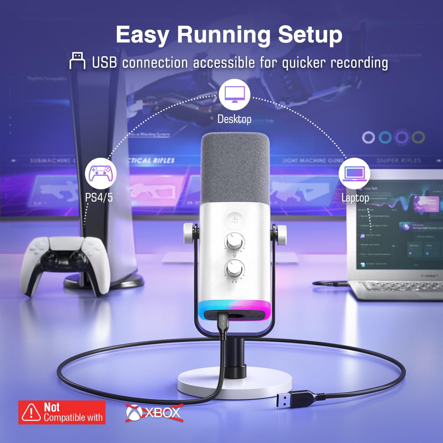 FIFINE AmpliGame AM8W colocado en escritorio de gaming, integración estética y funcional