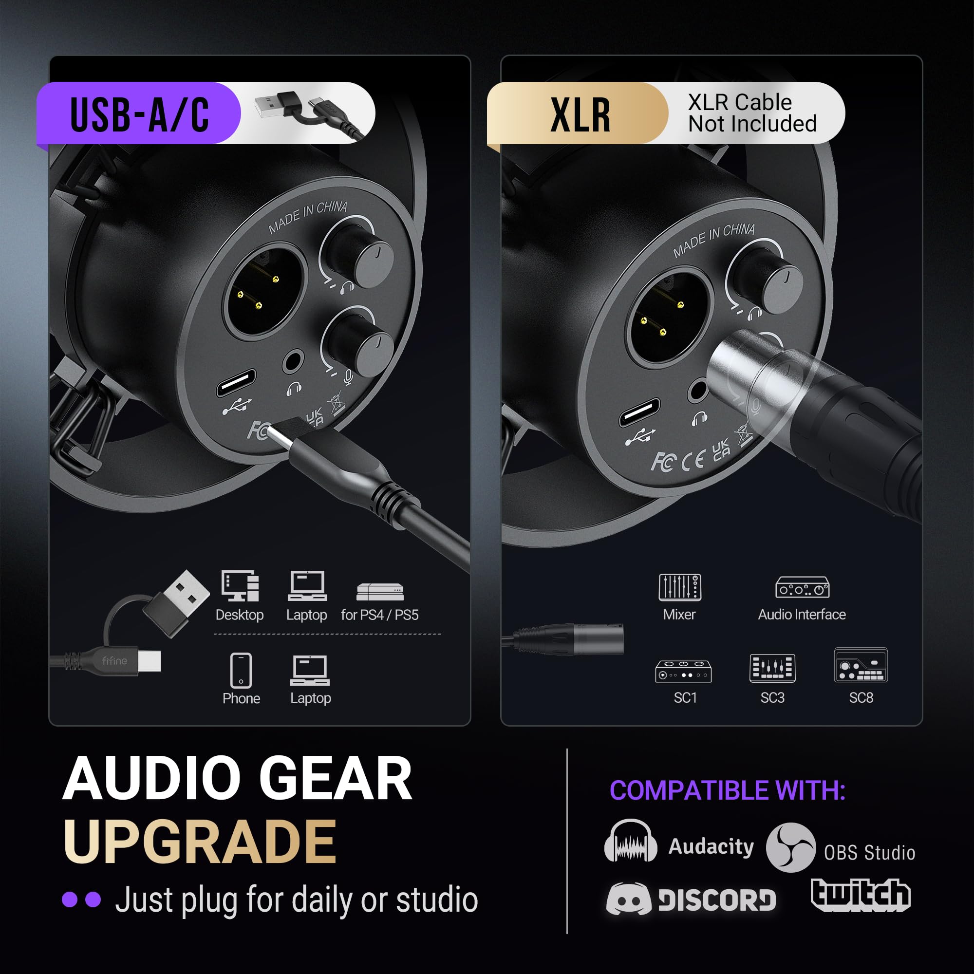 FIFINE conexiones USB y XLR para flexibilidad de estudio y plug-and-play
