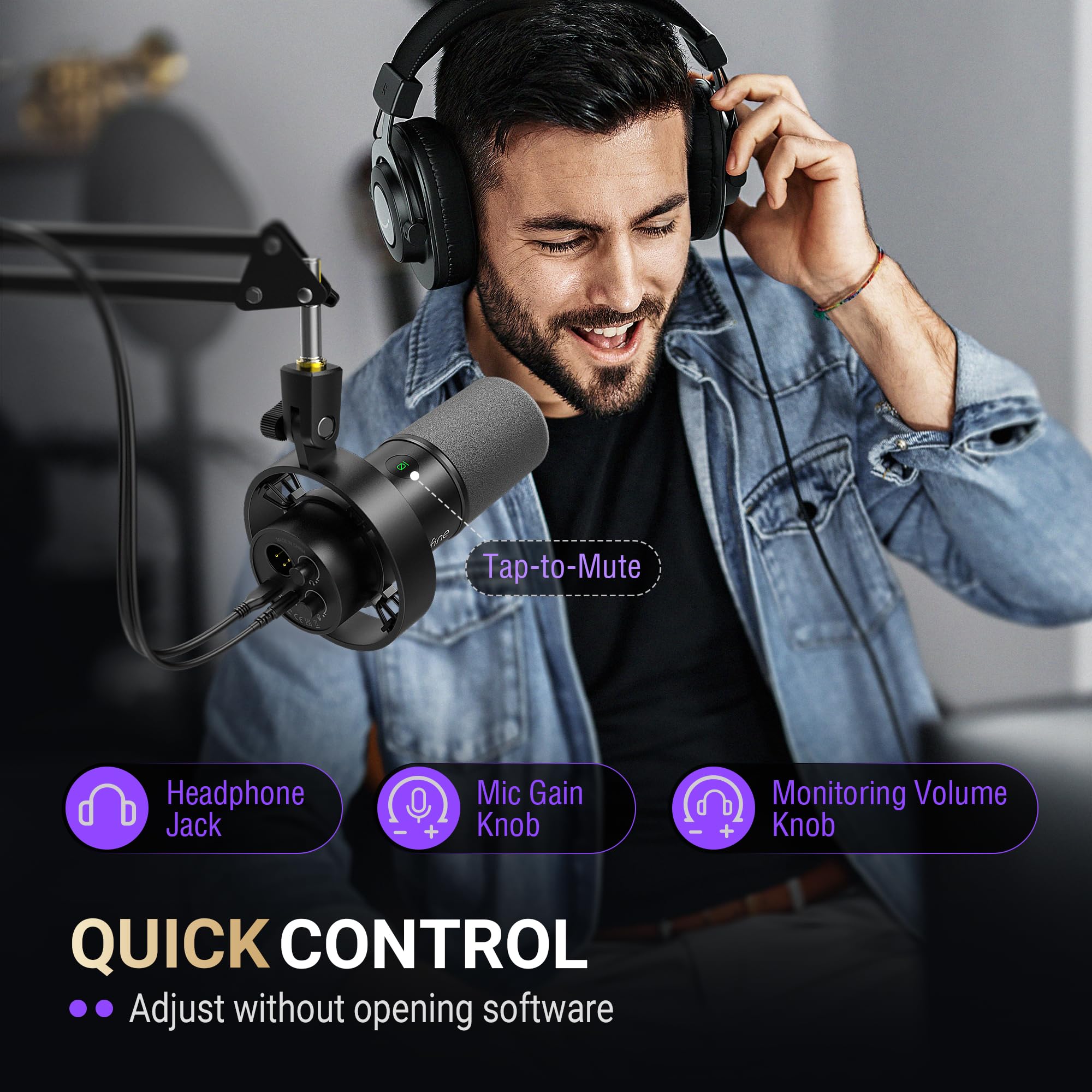 FIFINE controles del micrófono con botón mute y perilla de ganancia