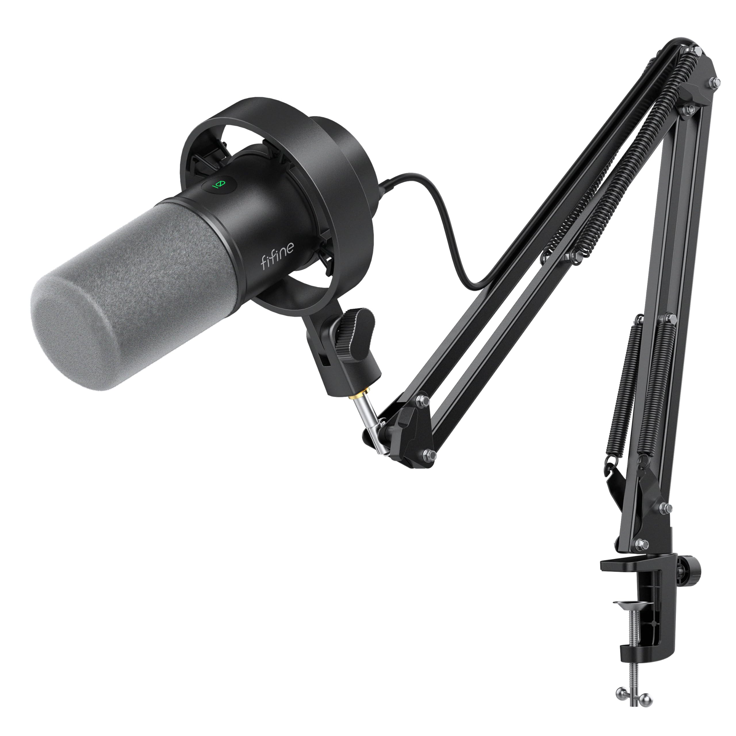 FIFINE vista frontal del kit mostrando micrófono y brazo, calidad profesional