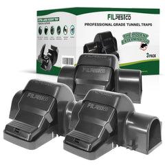 Filpestco front view of three-pack tunnel traps showing safe covered jaws and secure design