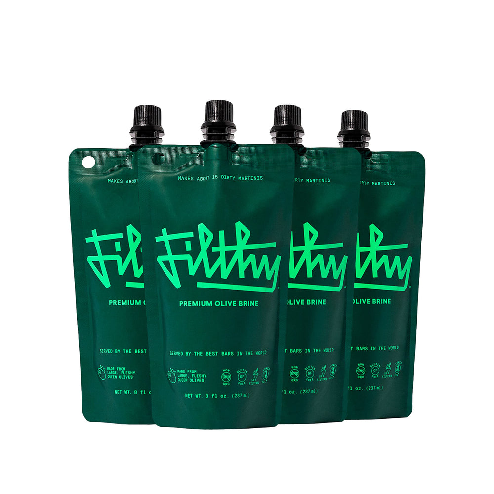 Filthy Olive Brine frente del empaque mostrando bolsa resellable y etiqueta clara
