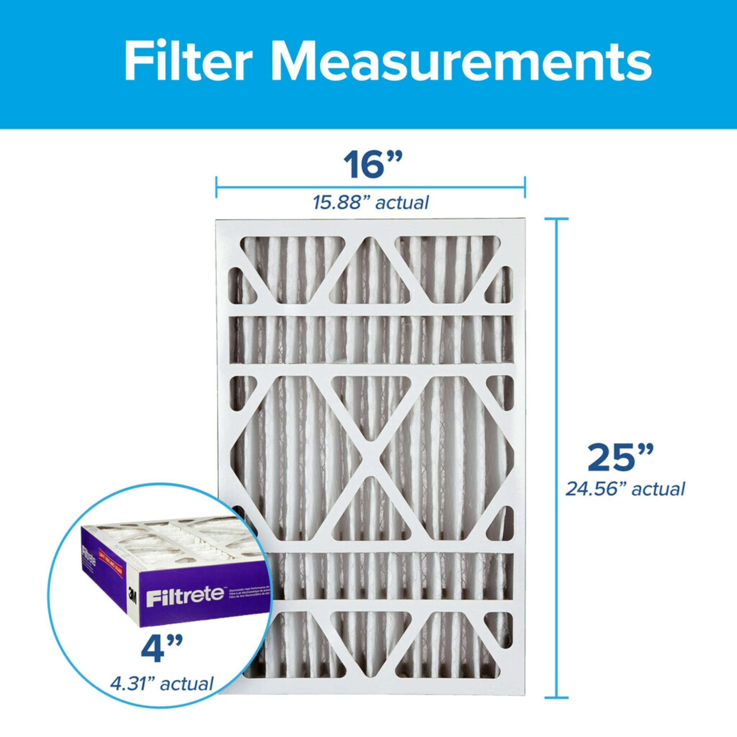 Filtrete etiqueta mostrando dimensiones reales 15.88 x 24.56 x 4.31 pulgadas