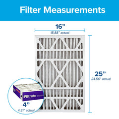 Filtrete etiqueta mostrando dimensiones reales 15.88 x 24.56 x 4.31 pulgadas