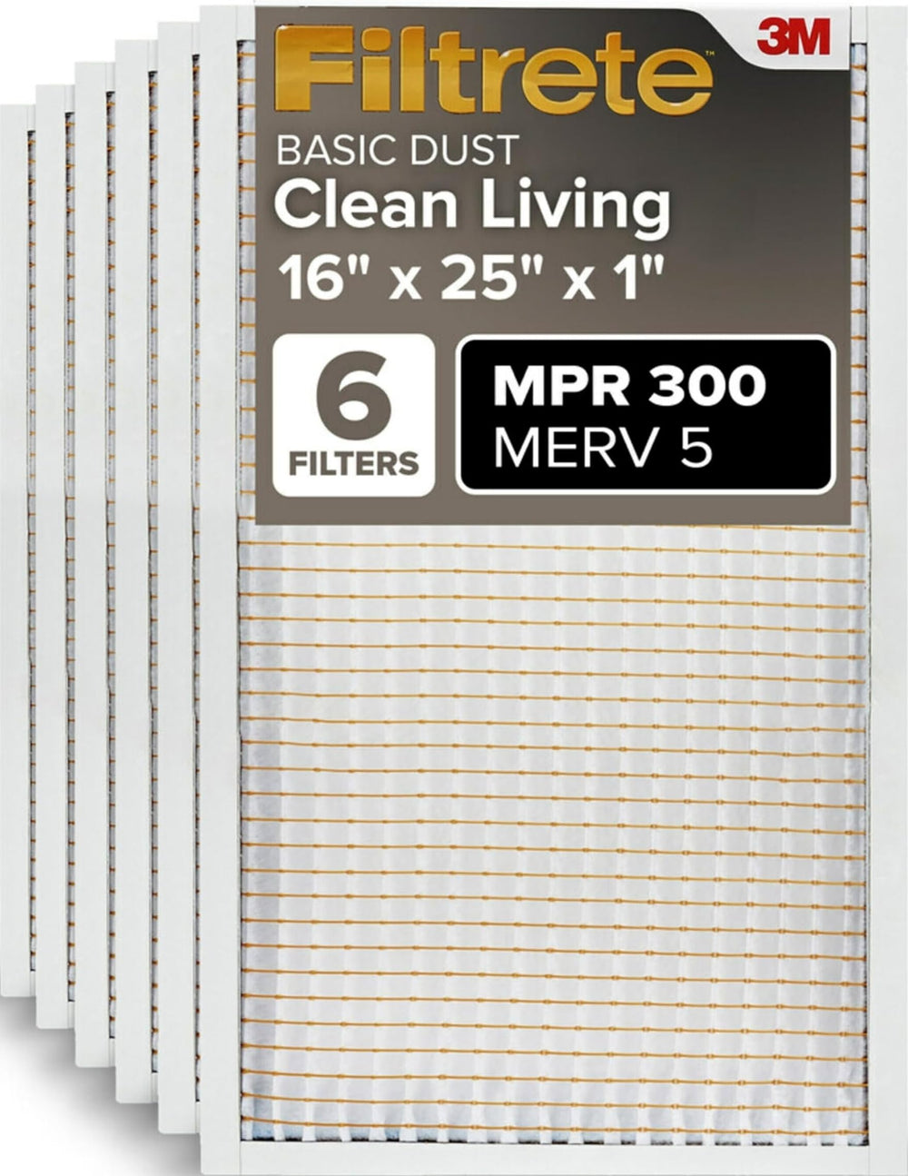Filtrete empaque frontal mostrando paquete de seis y tamaño 16x25x1, opción práctica