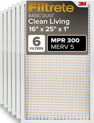 Filtrete empaque frontal mostrando paquete de seis y tamaño 16x25x1, opción práctica