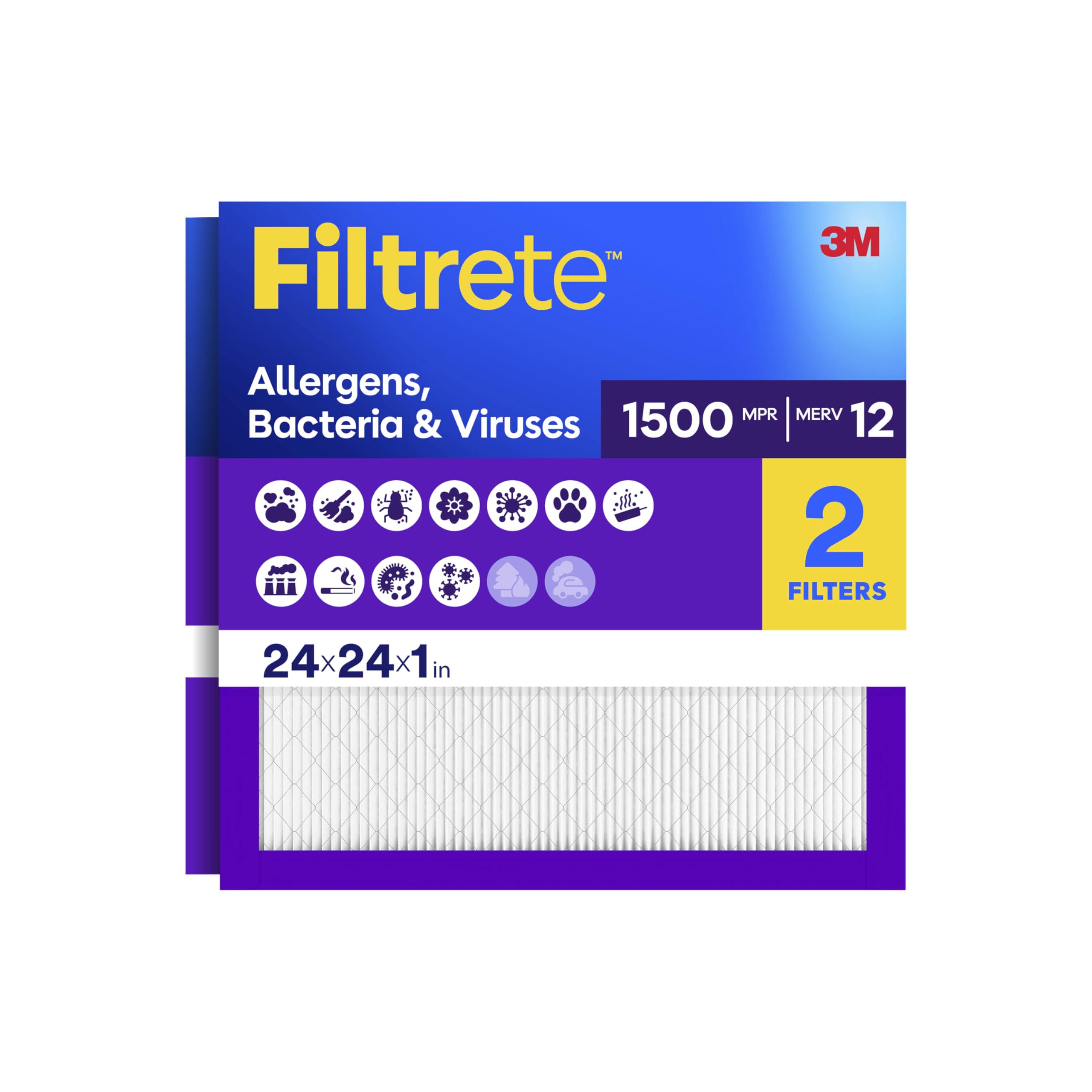 Filtrete empaque frontal 24x24x1 mostrando dimensiones y beneficio de aire más limpio