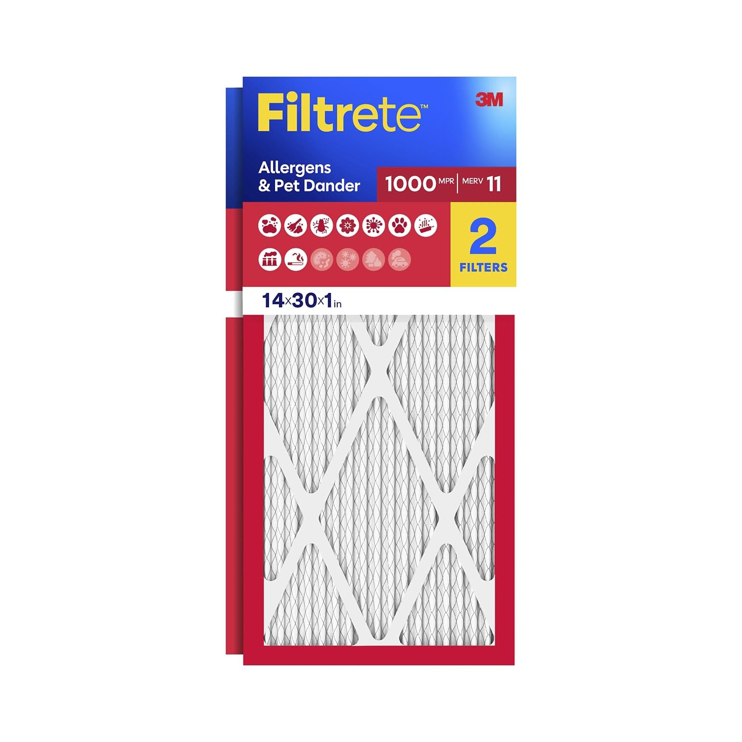 Filtrete front packaging showing 14x30x1 two-pack and easy install benefit