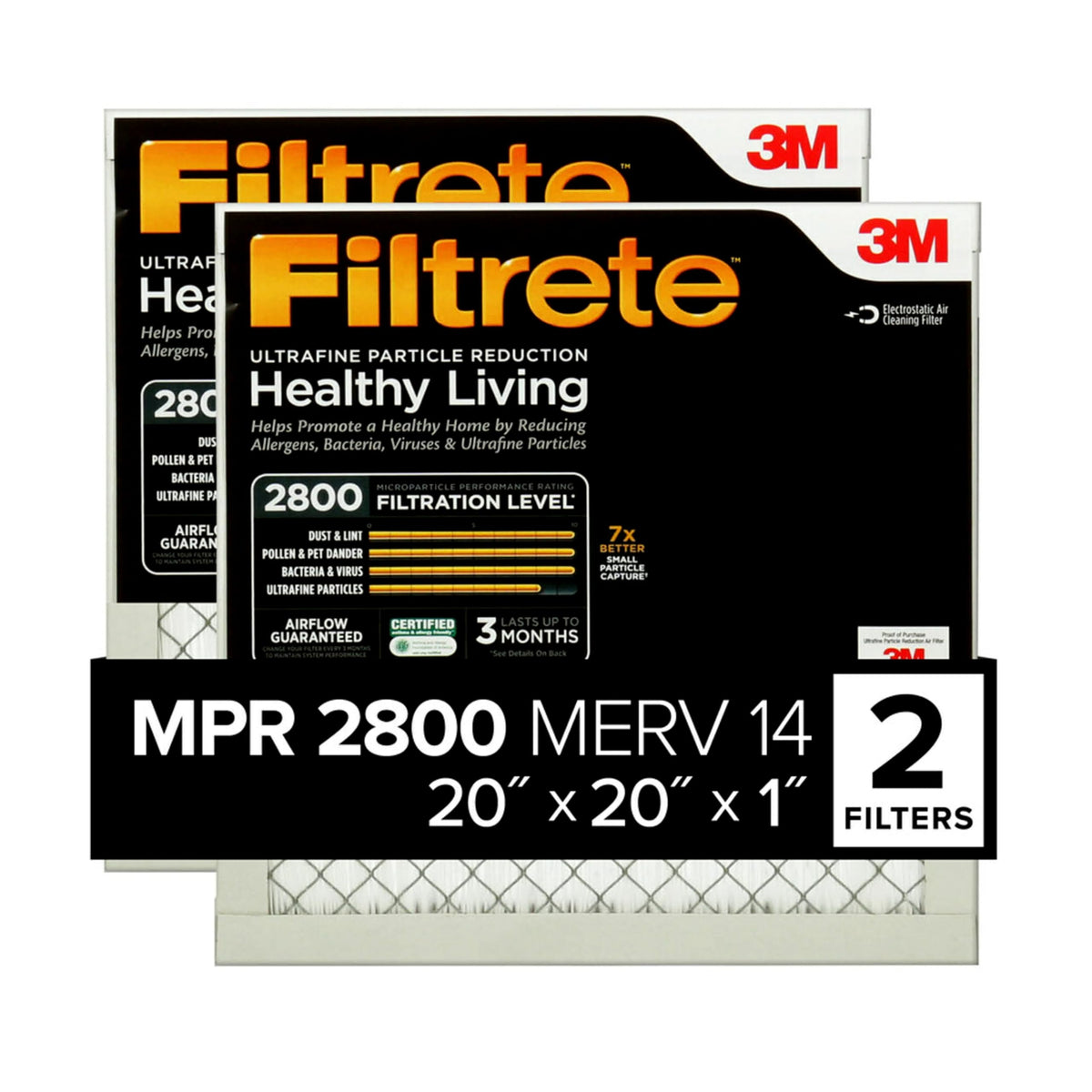 Filtrete empaque frontal 20x20x1 mostrando el pack de 2 y beneficio limpieza