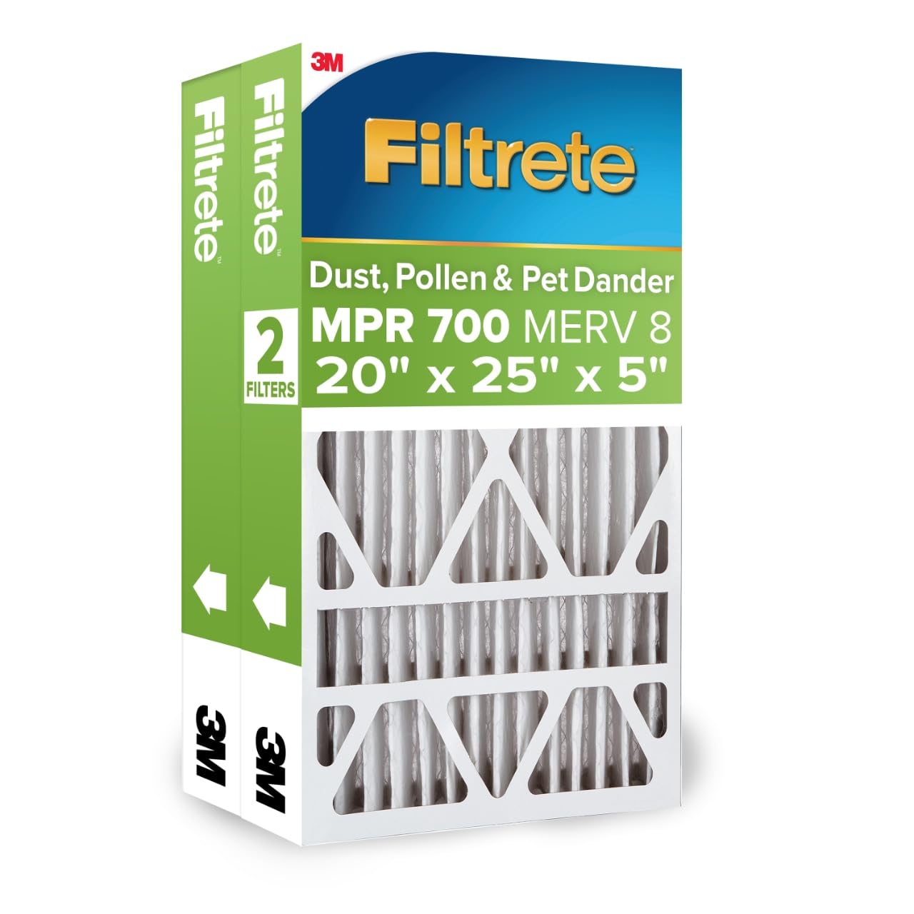 Filtrete vista frontal del empaque mostrando dimensiones reales y beneficios