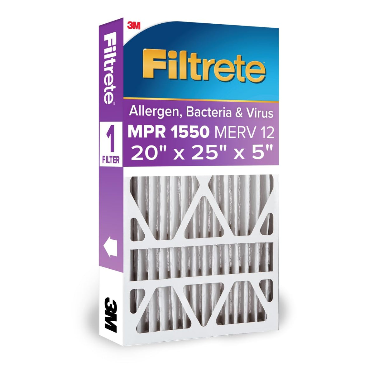 Filtrete frontal del empaque mostrando el filtro y beneficio de aire más limpio