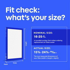 Filtrete comparación de escala con regla mostrando dimensiones reales