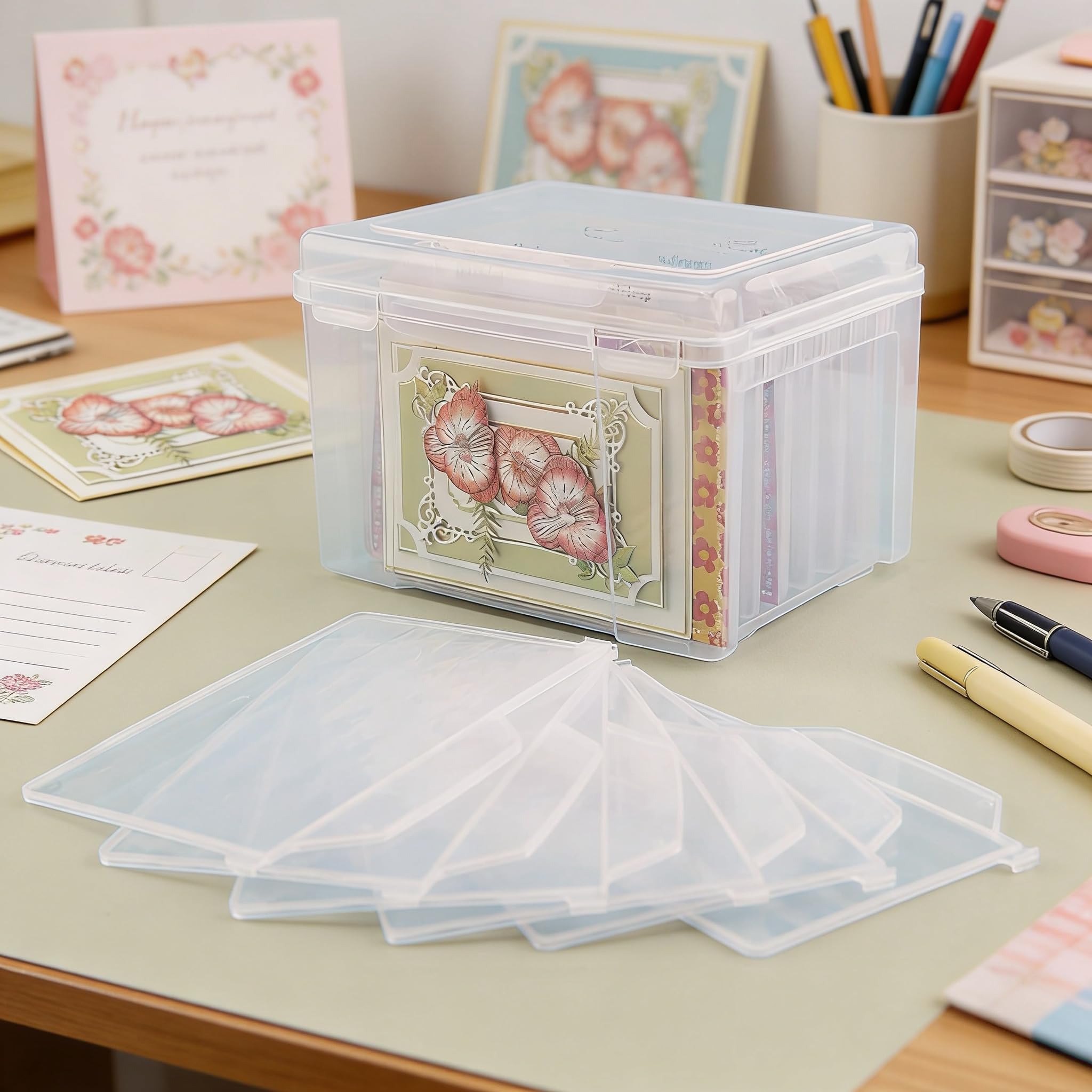 Find Scrapblooms caja en uso con tarjetas y fotos organizadas