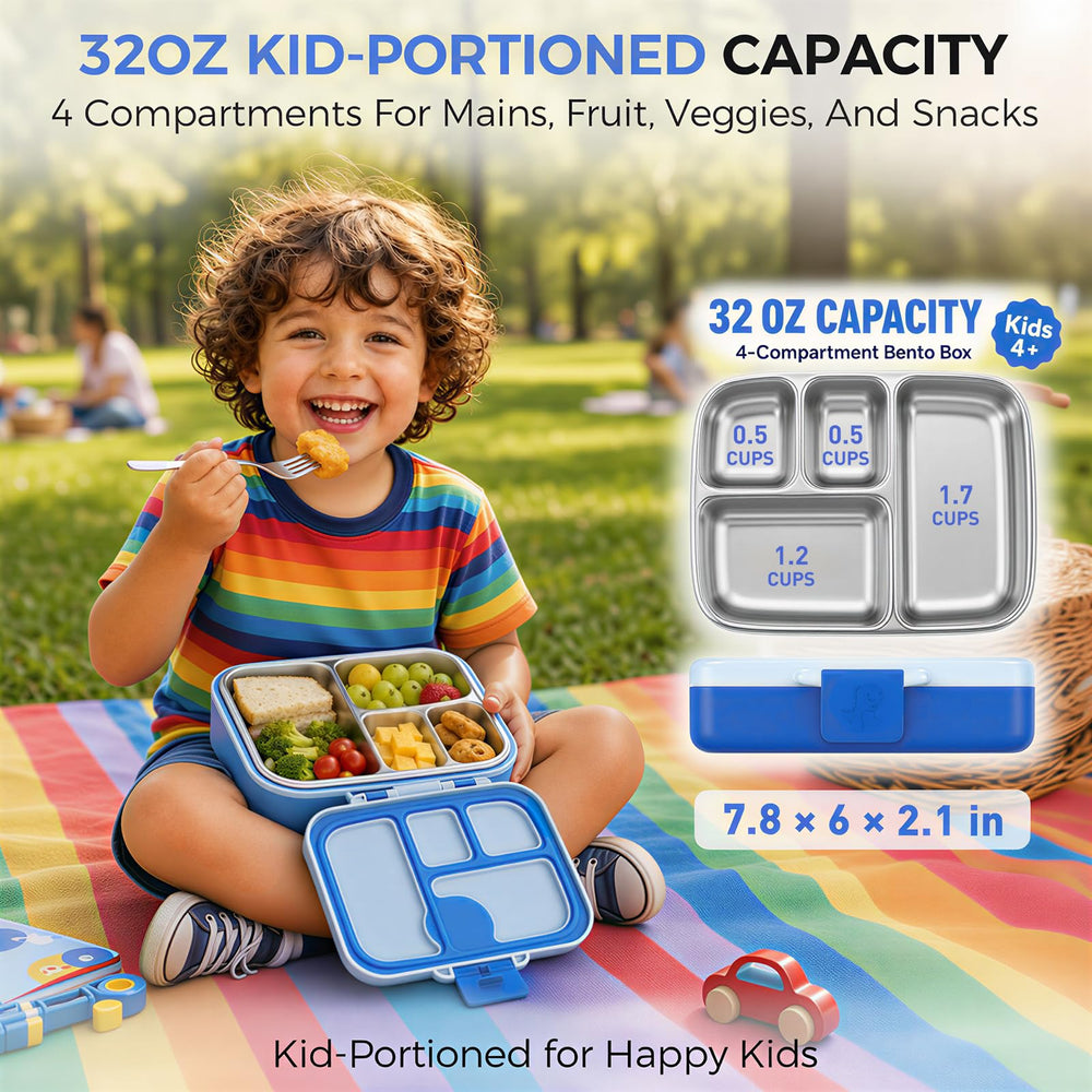 Fineyorker cuatro compartimentos con comida organizada, porciones infantiles claras