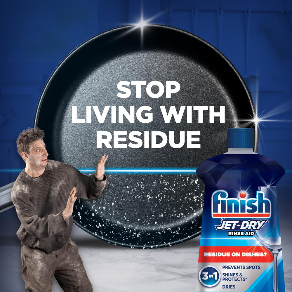 Detalle de la etiqueta Finish Jet‑Dry con instrucciones claras y beneficios