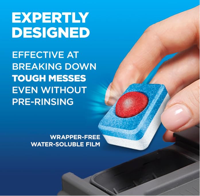 Finish pod positioned in dishwasher detergent compartment demonstrating simple use
