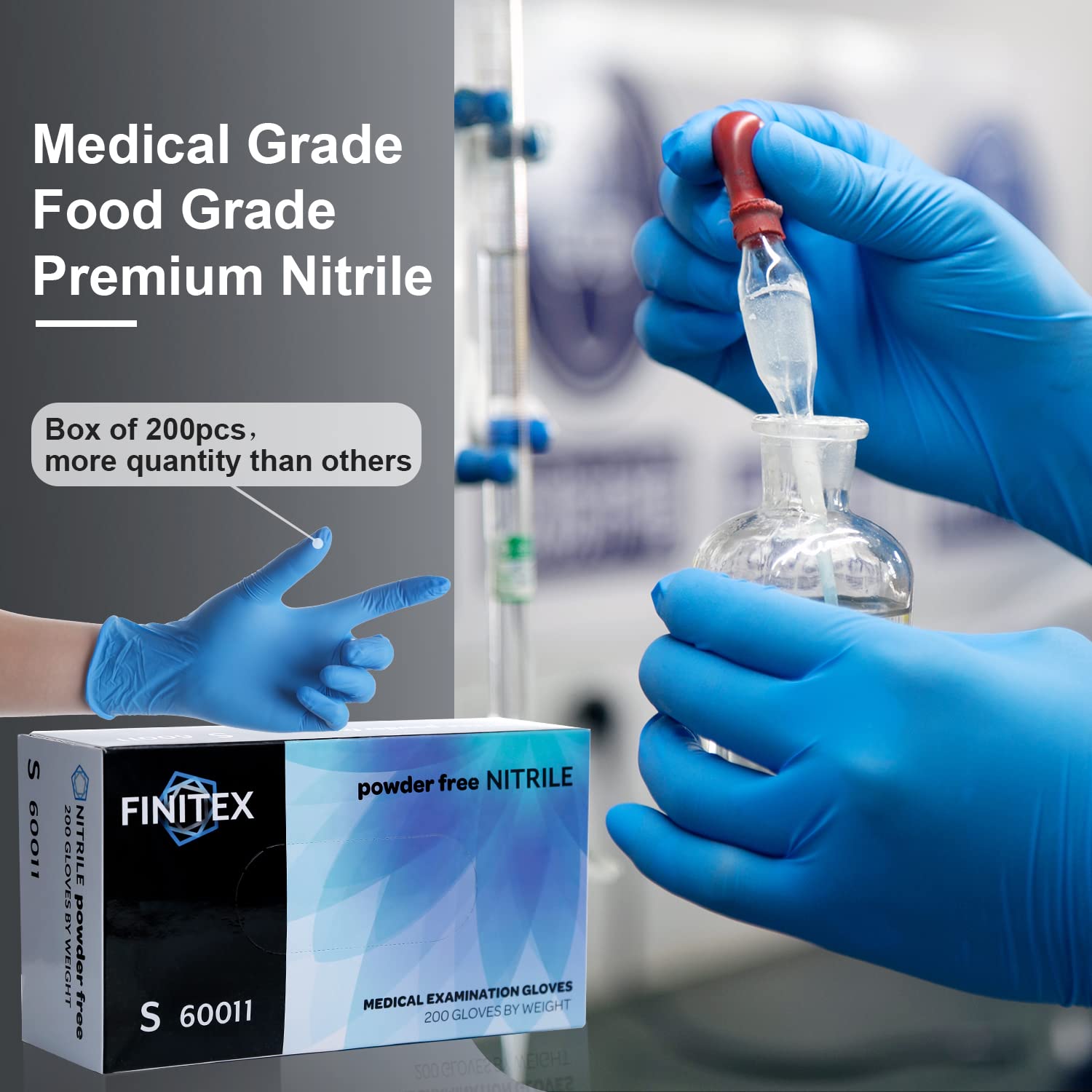 FINITEX guantes apilados en caja destacando suministro de 200 unidades práctico