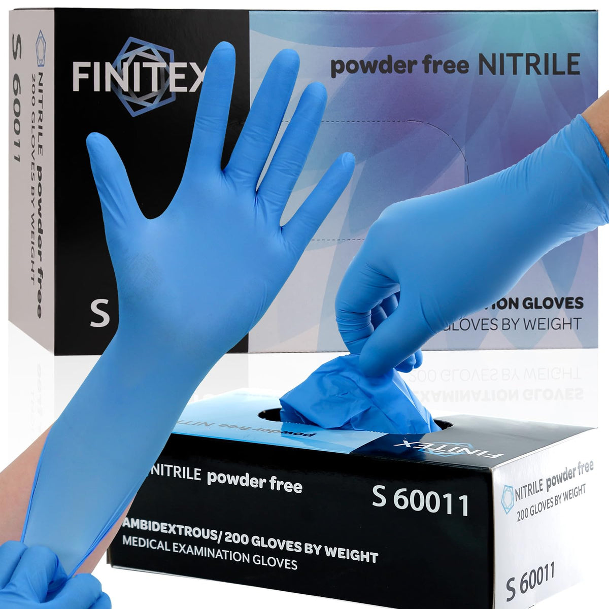 FINITEX caja frontal mostrando 200 guantes y ventaja de almacenamiento prolongado