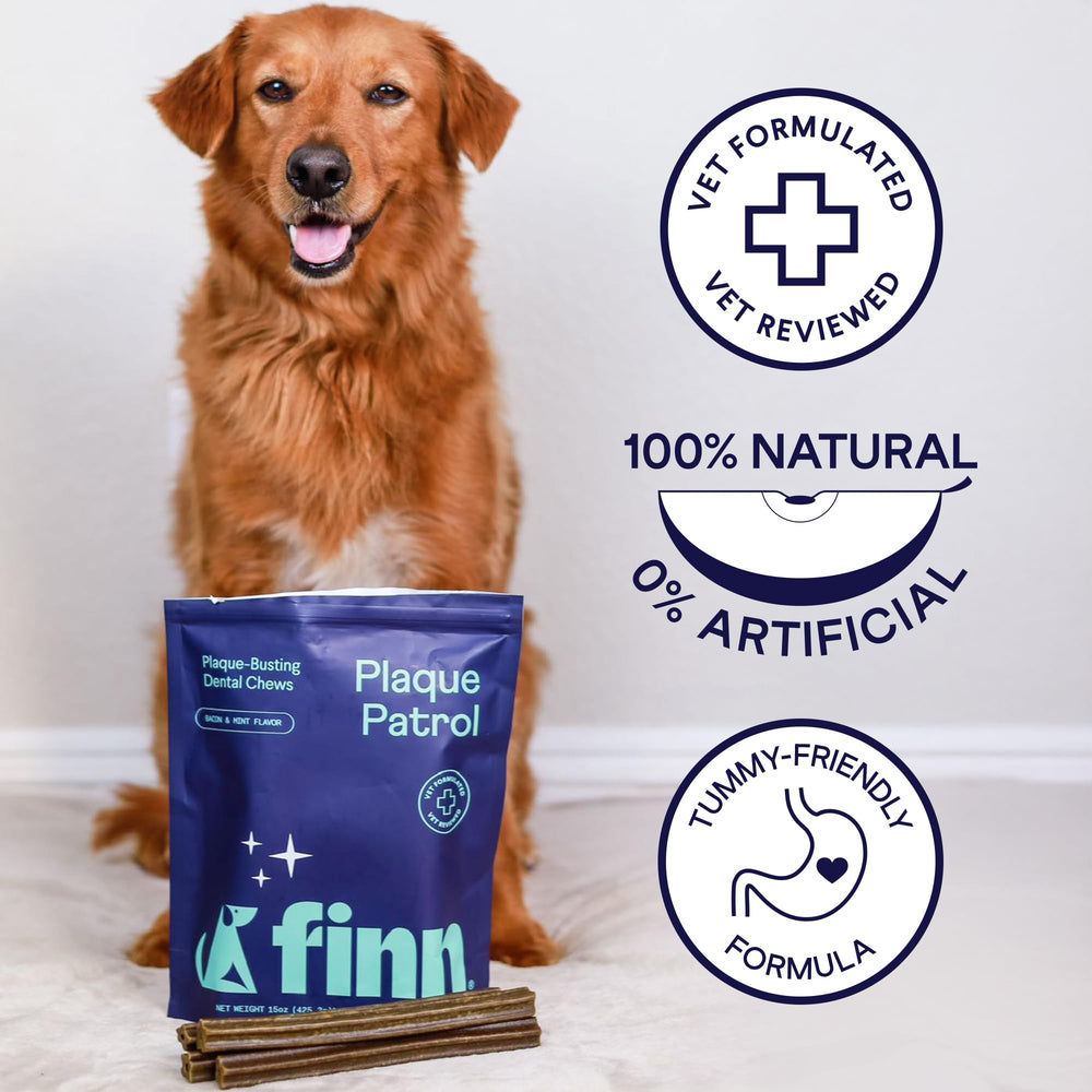 Finn masticable junto al polvo Plaque Patrol para limpieza reforzada