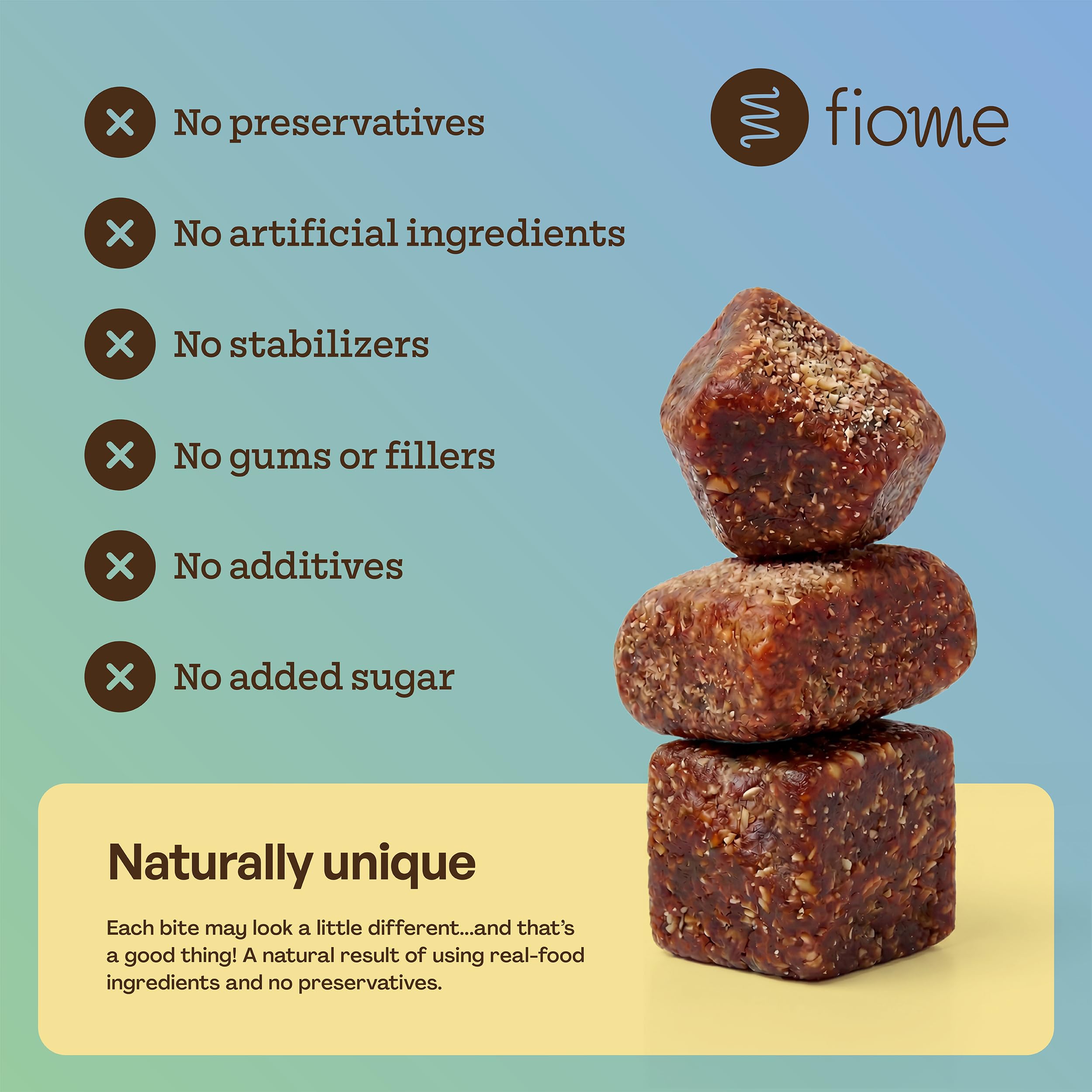 Fiome ingredientes naturales dispuestos que evidencian receta sin aditivos