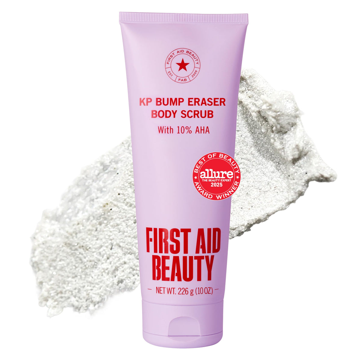 First Aid Beauty frasco frontal del exfoliante corporal para piel áspera, muestra la marca