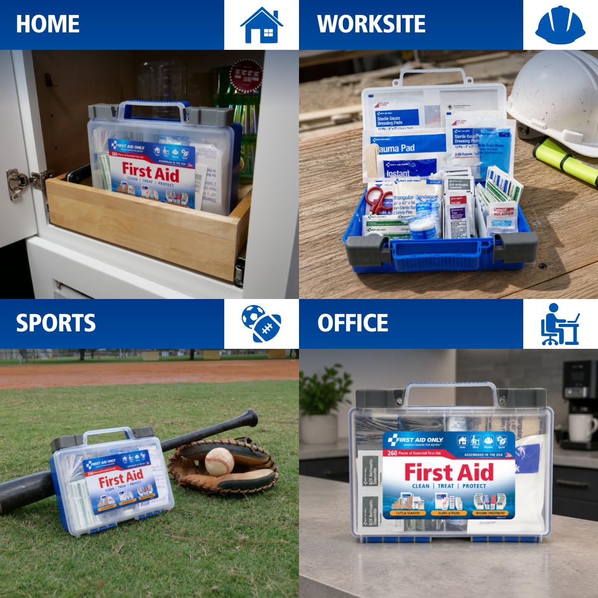 First Aid Only detalle de vendajes y gasas que facilita atención rápida y estéril